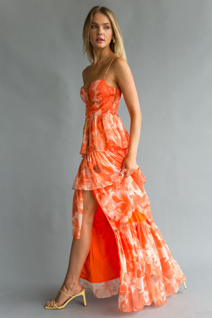 Floral Print Tiered Ruffle Wedding Guest Maxi Slip Dresses-Orange-Hayhty.All Rights Reserved.