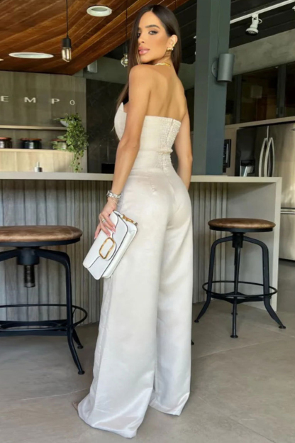 Ruched Boat Neck Solid Color Elegant Wide Leg Jumpsuit-Beige-Hayhty.All Rights Reserved.