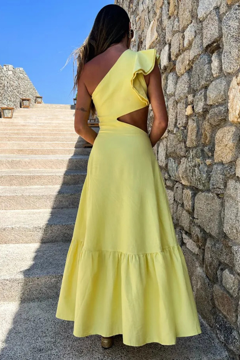 One Shoulder Ruffle Sleeveless Cutout Solid Color Maxi Dresses-Yellow-Hayhty.All Rights Reserved.