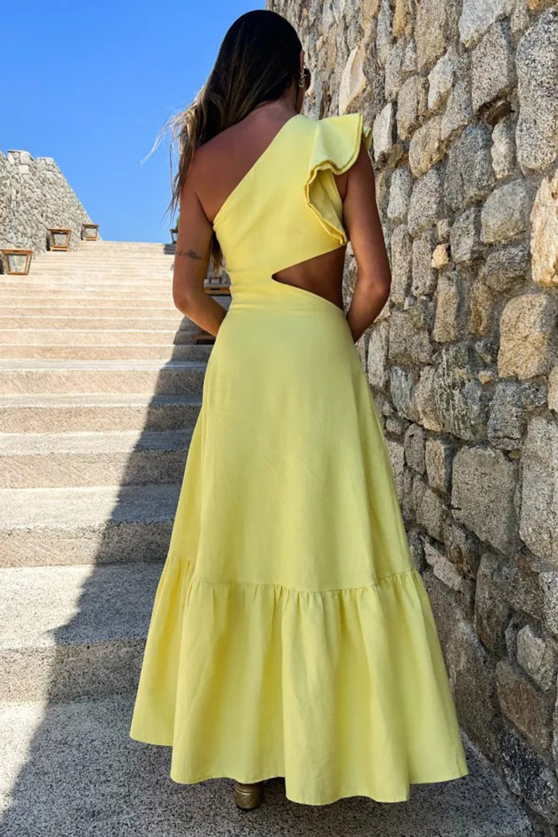 One Shoulder Ruffle Sleeveless Cutout Solid Color Maxi Dresses-Yellow-Hayhty.All Rights Reserved.