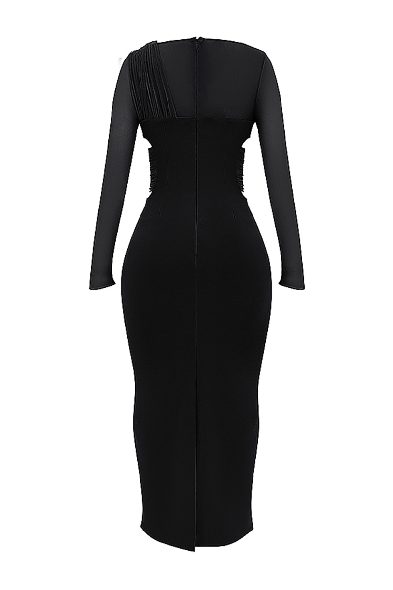 Irregular Cutout Long Sleeve Slim Fit Mesh Maxi Dresses-Black-Hayhty.All Rights Reserved.