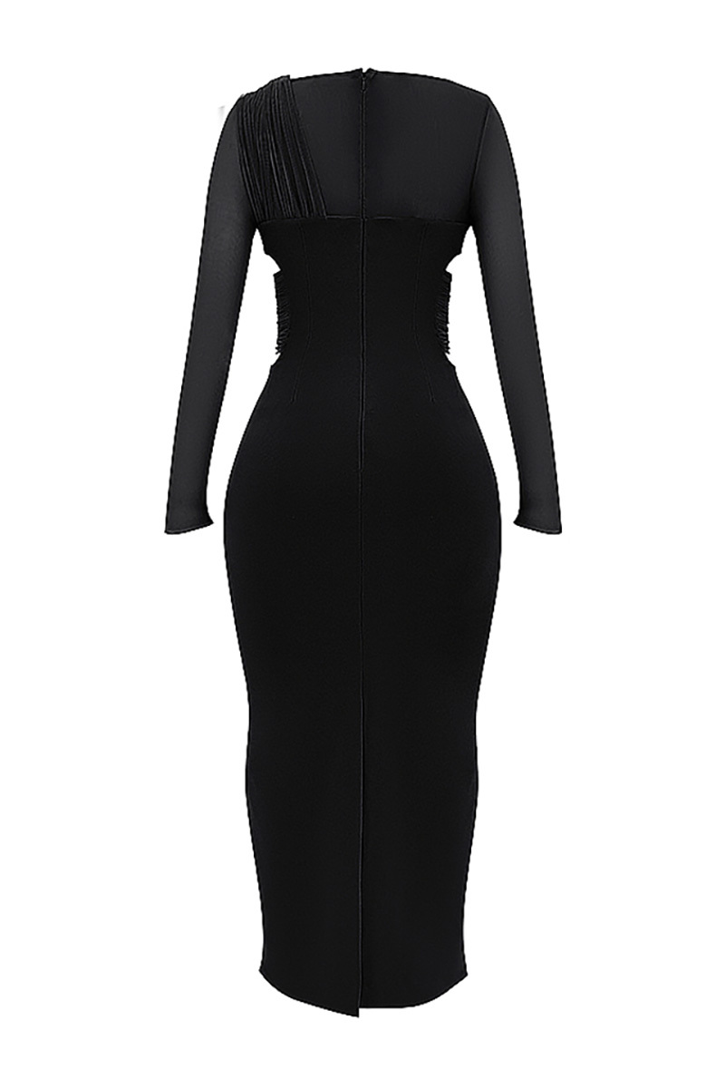 Irregular Cutout Long Sleeve Slim Fit Mesh Maxi Dresses-Black-Hayhty.All Rights Reserved.