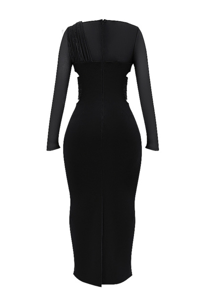 Irregular Cutout Long Sleeve Slim Fit Mesh Maxi Dresses-Black-Hayhty.All Rights Reserved.