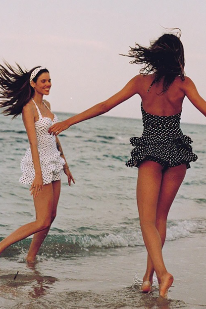 Polka Dot Print Cinch Waist Layered Ruffled Swimwear Halter Mini Dresses-White-Hayhty.All Rights Reserved.