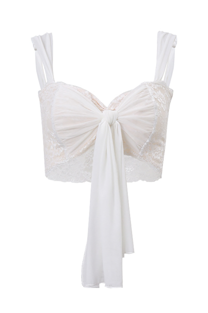 Mesh Lace Patchwork Tie Up Streamer Ruched Wide Straps Crop Top-White-Hayhty.All Rights Reserved.