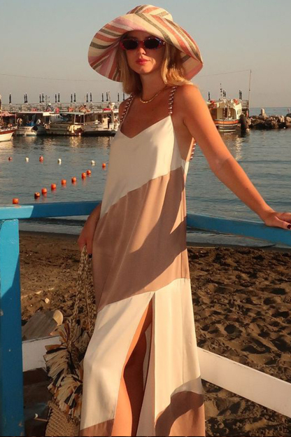 Colorblock Loose Fit Side Slit Pearls Cami Maxi Dresses-Brown-Hayhty.All Rights Reserved.