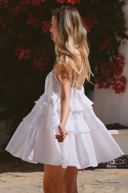 Tie Up Shoulder Strapless Backless Layered Ruffled A-Line Mini Dresses-White-Hayhty.All Rights Reserved.