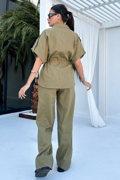 Half Sleeve Drawstring Tie Up Blouse Straight Leg Pants Matching Set-White-Hayhty.All Rights Reserved.