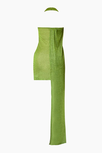 Asymmetrical Overlay Halter Shimmery Irregular Maxi Dresses-Green-Hayhty.All Rights Reserved.