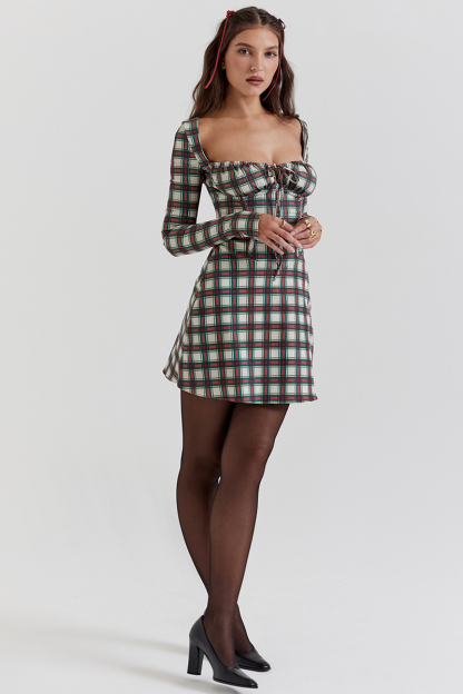 Long Sleeve Square Neck Lace Up Plaid Print Mini Dresses-Red-Hayhty.All Rights Reserved.