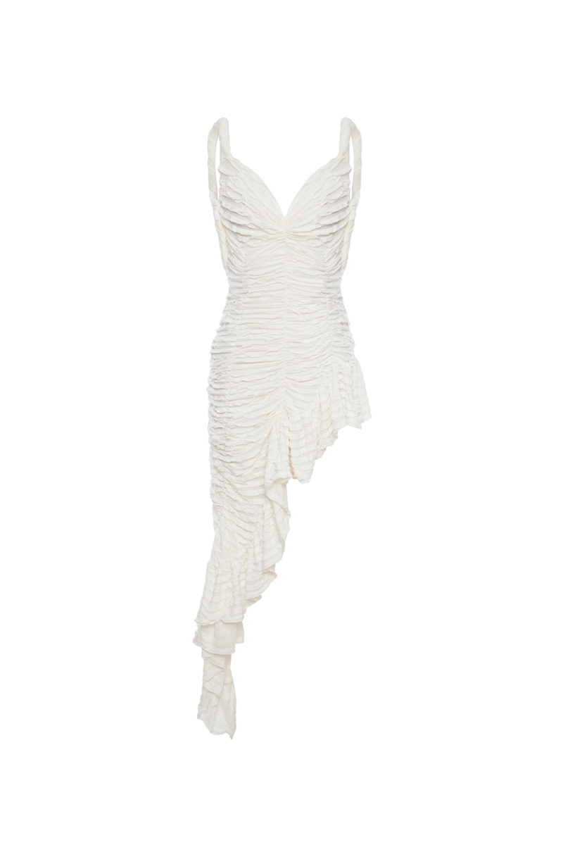 Ruched Backless Ruffled Asymmetrical Slip Maxi Dresses-White-Hayhty.All Rights Reserved.