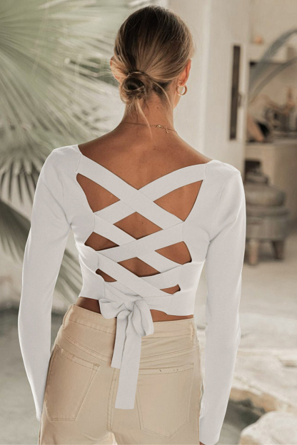 Square Neck Back Lace Up Tied Slim Top-Hayhty.All Rights Reserved.