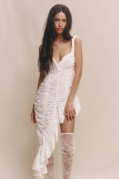 Ruched Backless Ruffled Asymmetrical Slip Maxi Dresses-White-Hayhty.All Rights Reserved.