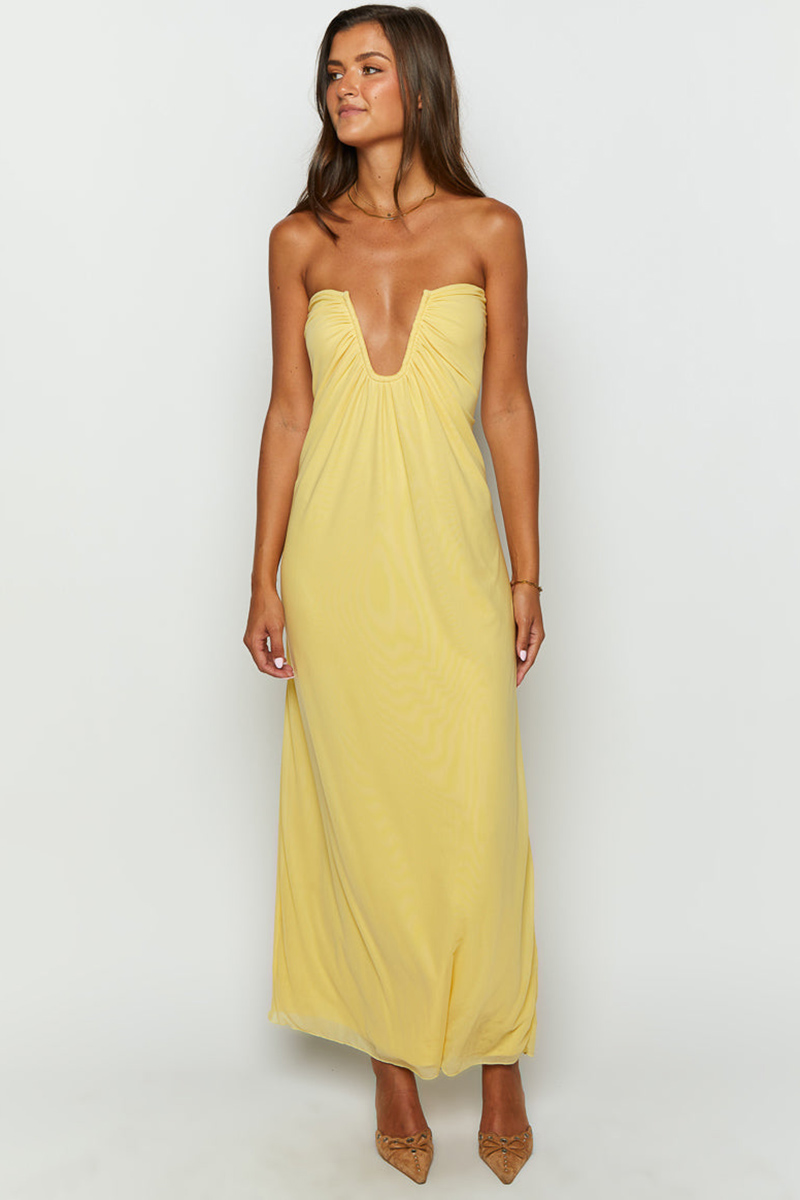 Off Shoulder Notched V Neck Ruched Formal Party Layered Plain Maxi Dresses-Yellow-Hayhty.All Rights Reserved.