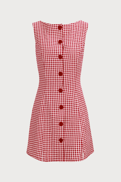 Plaid Pattern Button Up A-Line Mini Tank Dresses-Red-Hayhty.All Rights Reserved.