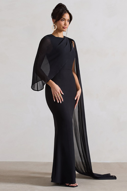 Mesh Patchwork Asymmetrical Caped Sleeve Bodycon Gowns Maxi Dresses-Beige-Hayhty.All Rights Reserved.
