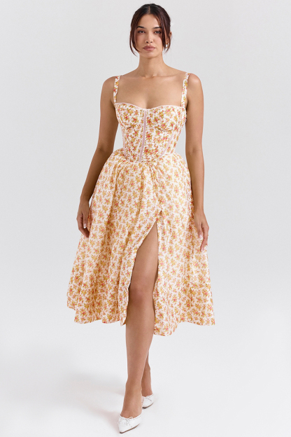 Floral Print Corset Lace Up Split Vacation Midi Dresses-Yellow-Hayhty.All Rights Reserved.
