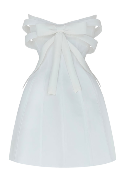 Bow Decor Cinch Waist Strapless Solid Color Mini Dresses-White-Hayhty.All Rights Reserved.