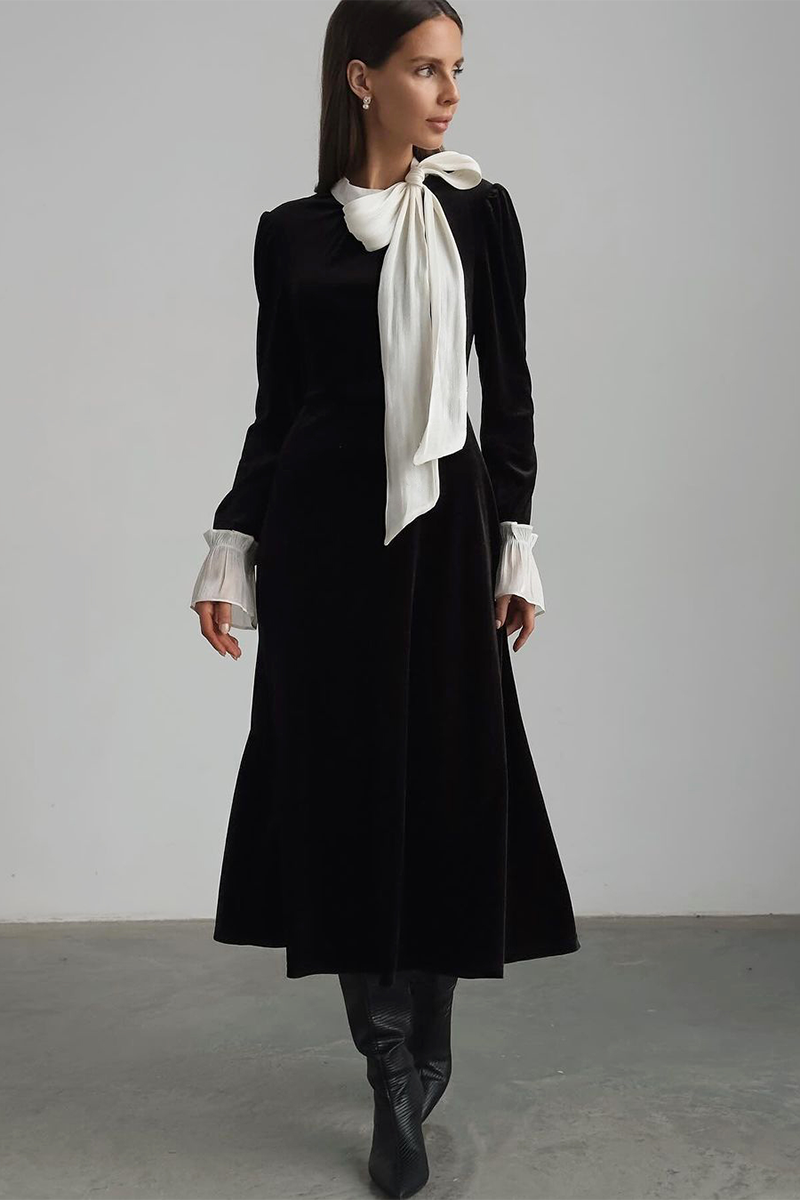Bow Neckline Flared Sleeve A-Line Velvet Midi Dresses-Black-Hayhty.All Rights Reserved.