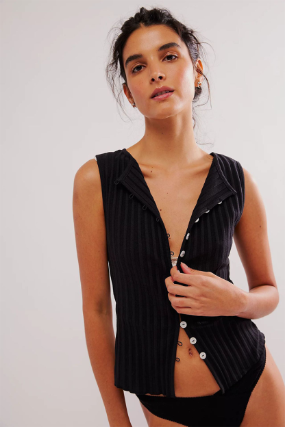 Pleated Solid Color Knit Button Up Tank Top-Yellow-Hayhty.All Rights Reserved.
