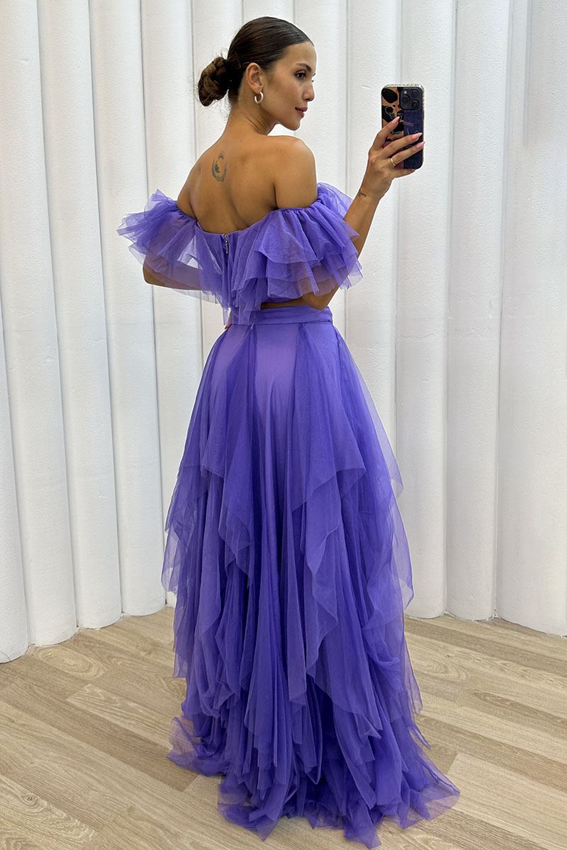 Off Shoulder Crop Top Irregular Tulle Maxi Skirt Evening Gown Matching Set-Hayhty.All Rights Reserved.