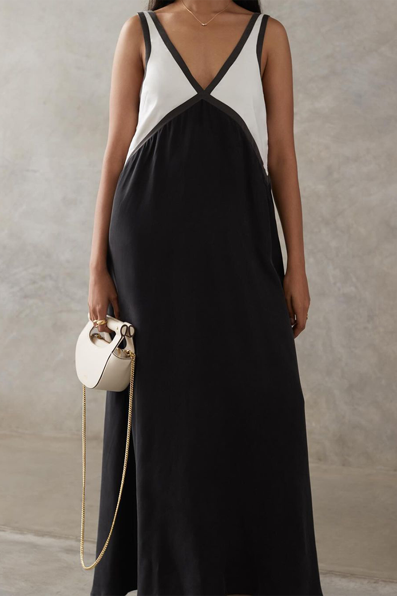Deep V Neck Colorblock Loose Fit Maxi Tank Dresses-Green-Hayhty.All Rights Reserved.