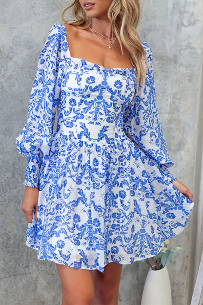 Floral Print Square Neck Lantern Sleeve A-Line Mini Dresses-Blue-Hayhty.All Rights Reserved.