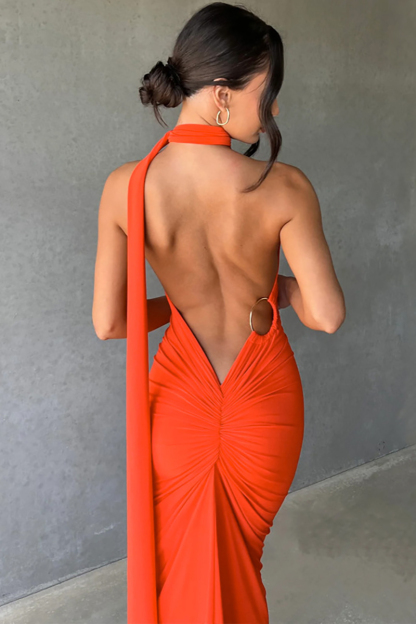 One Shoulder Sleeveless Sash Ring Decor Ruched Backless Elegant Evening Gown White Maxi Dresses-Hayhty.All Rights Reserved.