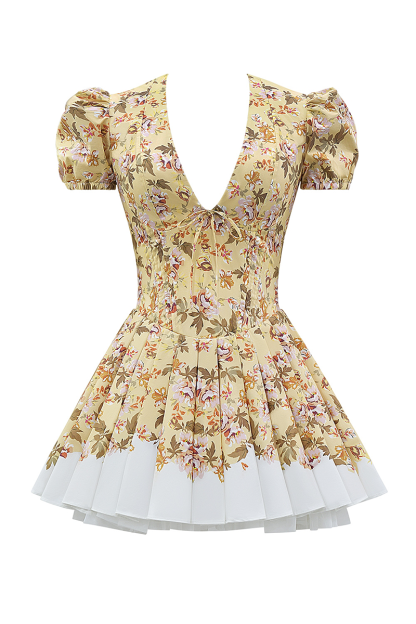 Floral Print Deep V Neck Juliet Sleeve Corset Mini Dresses-Yellow-Hayhty.All Rights Reserved.