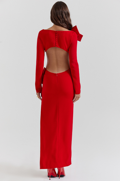 Bow Decor Long Sleeve Backless Slim Fit Side Slit Gowns Maxi Dresses-Red-Hayhty.All Rights Reserved.