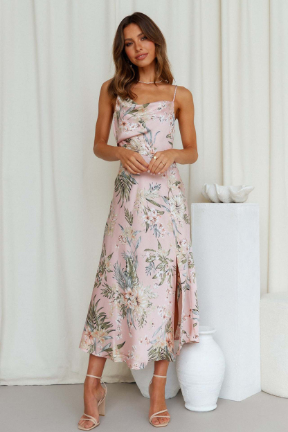 Vacation Cami Boat Neck Floral Print Slit Satin Vacation Midi Dress-Hayhty.All Rights Reserved.