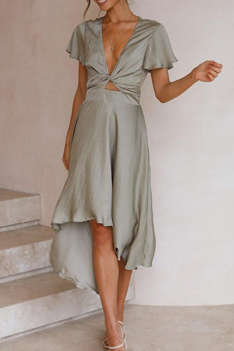 Deep V Neck Petal Sleeve Cut Out Irregular Hem Flowy Midi Dress-Hayhty.All Rights Reserved.