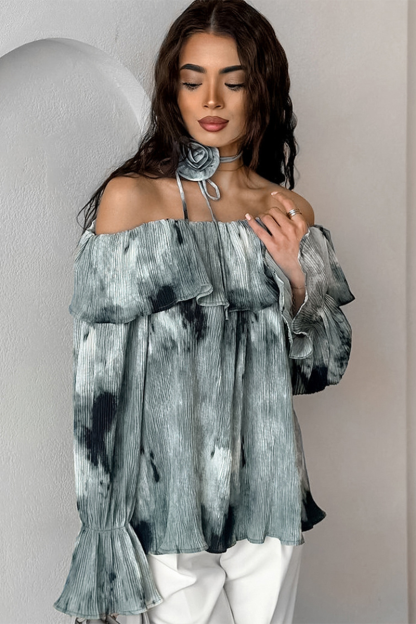 Ink Painting Print Off Shoulder Ruffled Overlay Flare Sleeve Top-Green-Hayhty.All Rights Reserved.