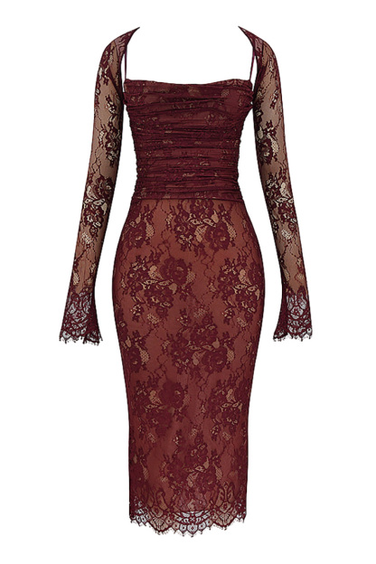 Floral Lace Shrug Ruched Slip Midi Dresses Matching Set-Burgundy-Hayhty.All Rights Reserved.