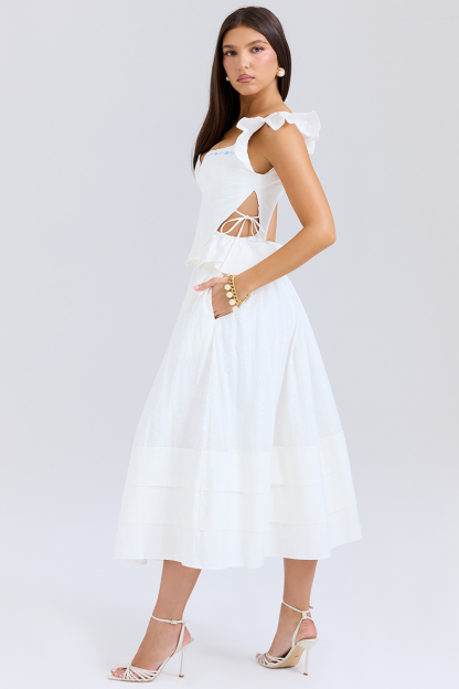 Side Cutout Embroidery Ruffled Corset Midi Skirt 2pcs Set-White-Hayhty.All Rights Reserved.