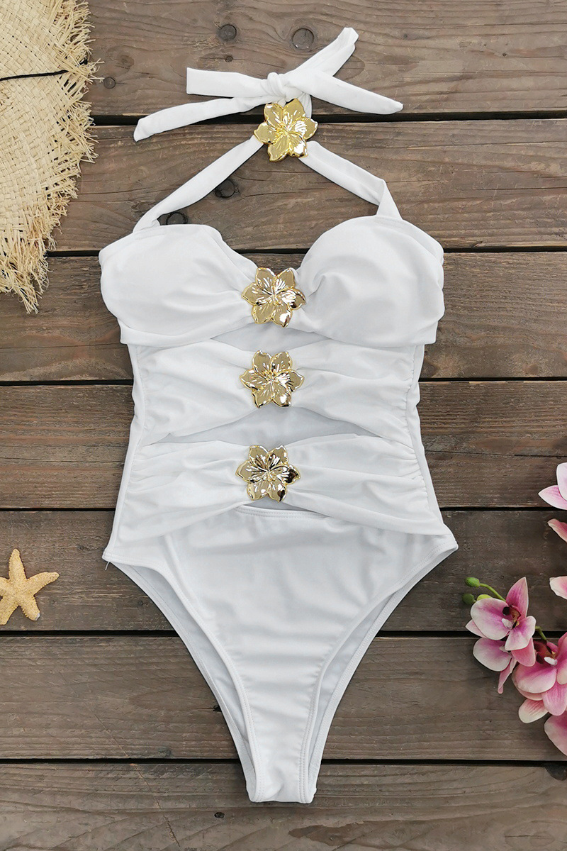 Metal Flower Decor Hollow Out One-Piece Swimsuit Mini Skirt Bikini Set-Black-Hayhty.All Rights Reserved.