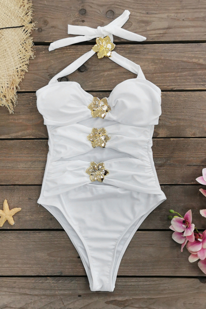 Metal Flower Decor Hollow Out One-Piece Swimsuit Mini Skirt Bikini Set-Black-Hayhty.All Rights Reserved.