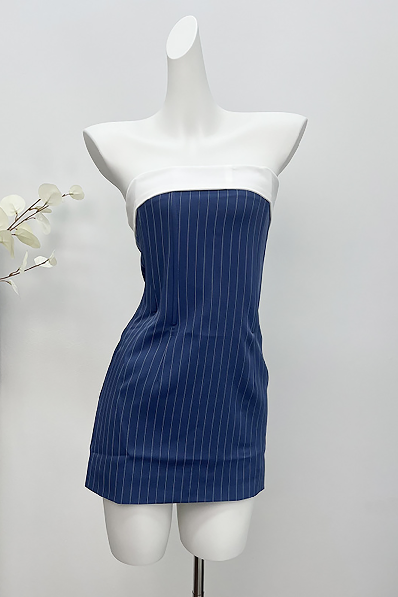 Striped Print Bodycon Strapless Mini Dresses-Blue-Hayhty.All Rights Reserved.