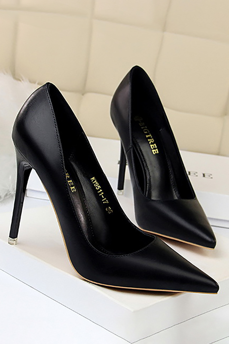 PU Leather Solid Color Pointy Toe Stiletto Heels-Black-Hayhty.All Rights Reserved.