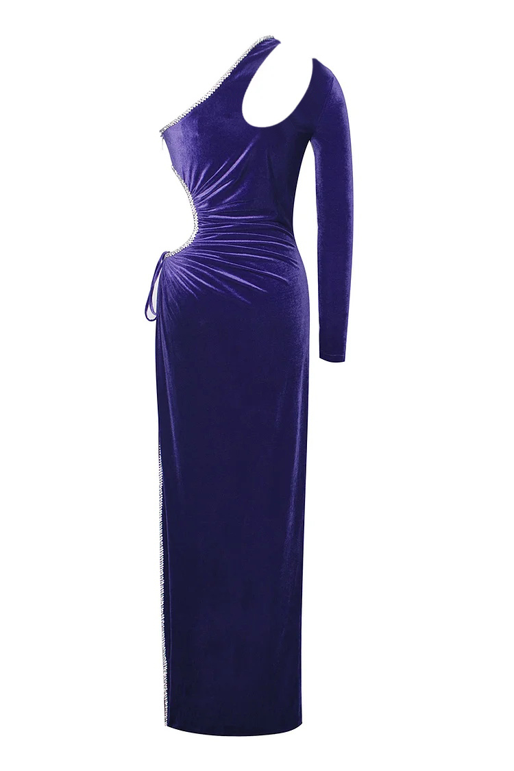 One Shoulder Rhinestone Tied Up Maxi Velvet Prom Dresses-Hayhty.All Rights Reserved.