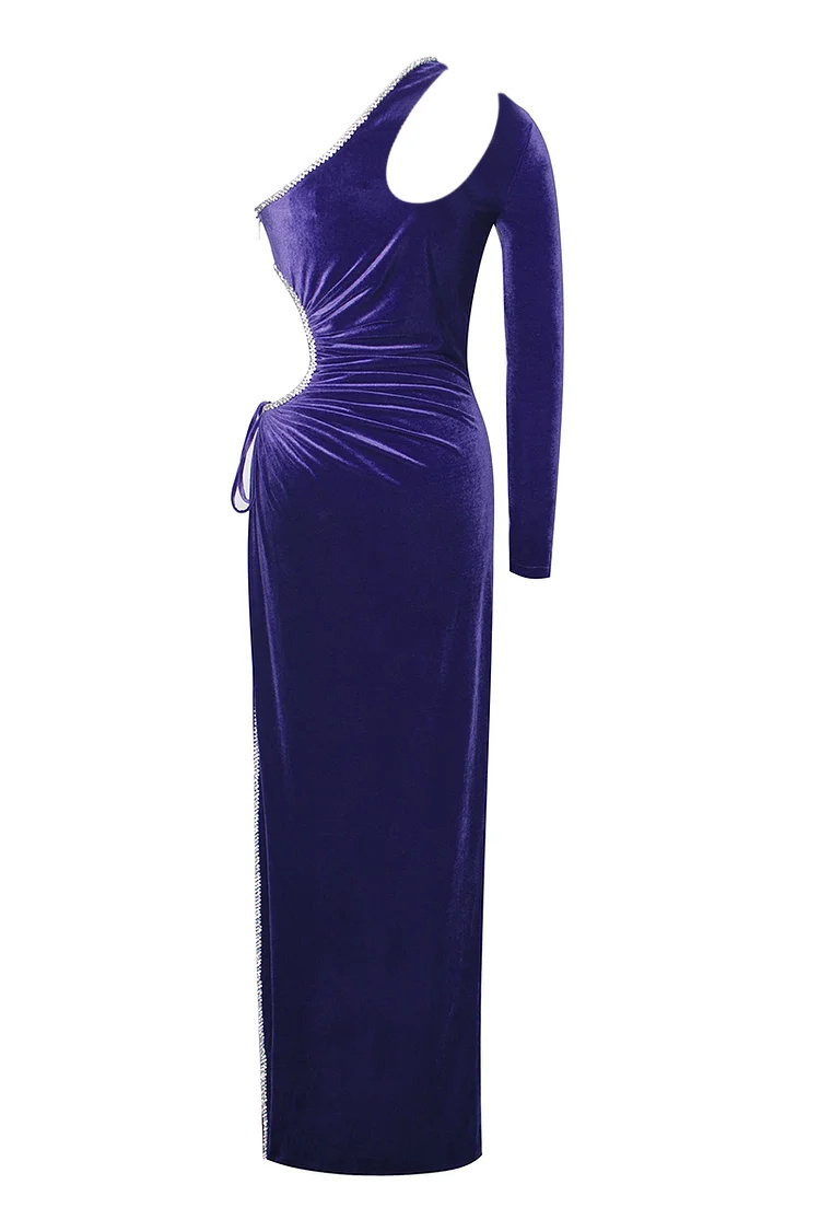 One Shoulder Rhinestone Tied Up Maxi Velvet Prom Dresses-Hayhty.All Rights Reserved.