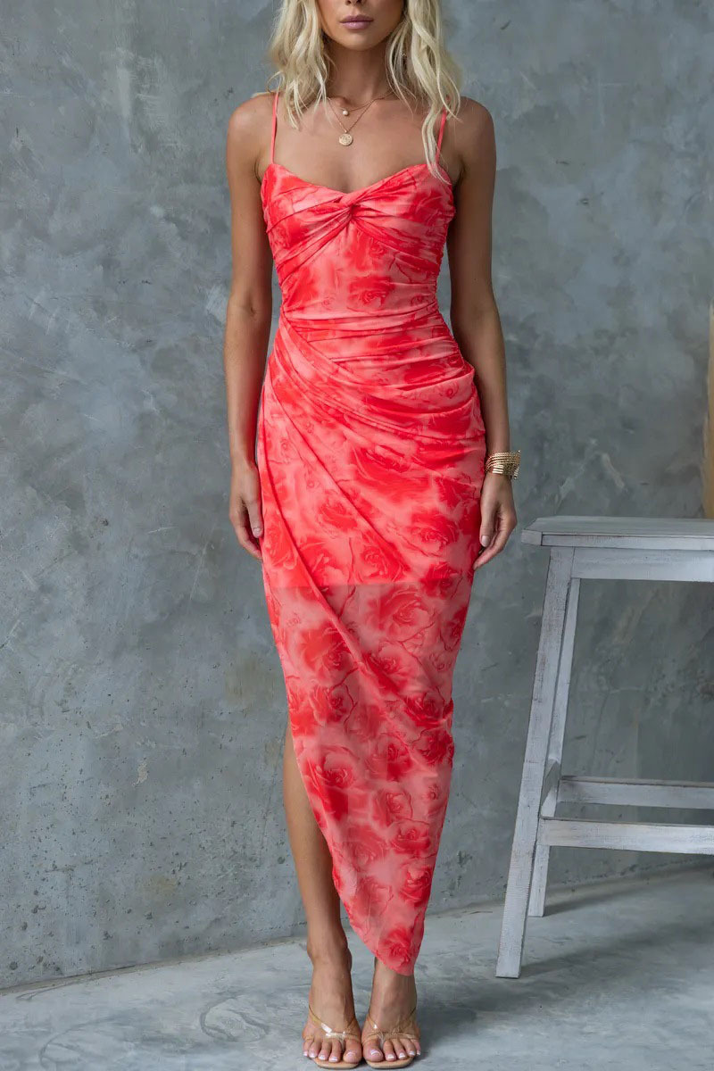 Twisted Wrinkle Slit Floral Print Vacation Slim-Fit Maxi Slip Dresses-Red-Hayhty.All Rights Reserved.