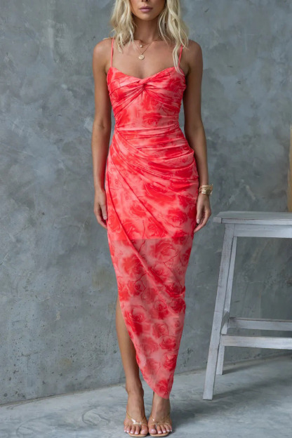 Twisted Wrinkle Slit Floral Print Vacation Slim-Fit Maxi Slip Dresses-Red-Hayhty.All Rights Reserved.