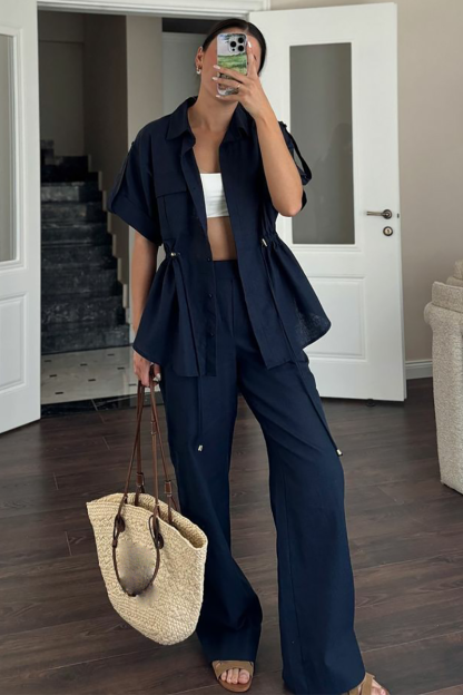 Half Sleeve Drawstring Tie Up Blouse Straight Leg Pants Matching Set-White-Hayhty.All Rights Reserved.