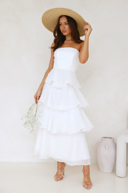 Strapless A-Line Layered Ruffled Hem Maxi Dresses-White-Hayhty.All Rights Reserved.