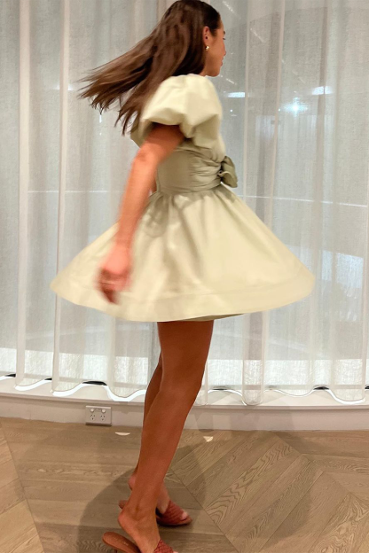 Deep V Neck Puff Sleeve Front Bow A-Line Mini Dresses-Green-Hayhty.All Rights Reserved.