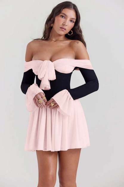 Off Shoulder Long Flare Sleeve Patchwork Knotted Pleated Hem Party Mini Dresses-White-Hayhty.All Rights Reserved.