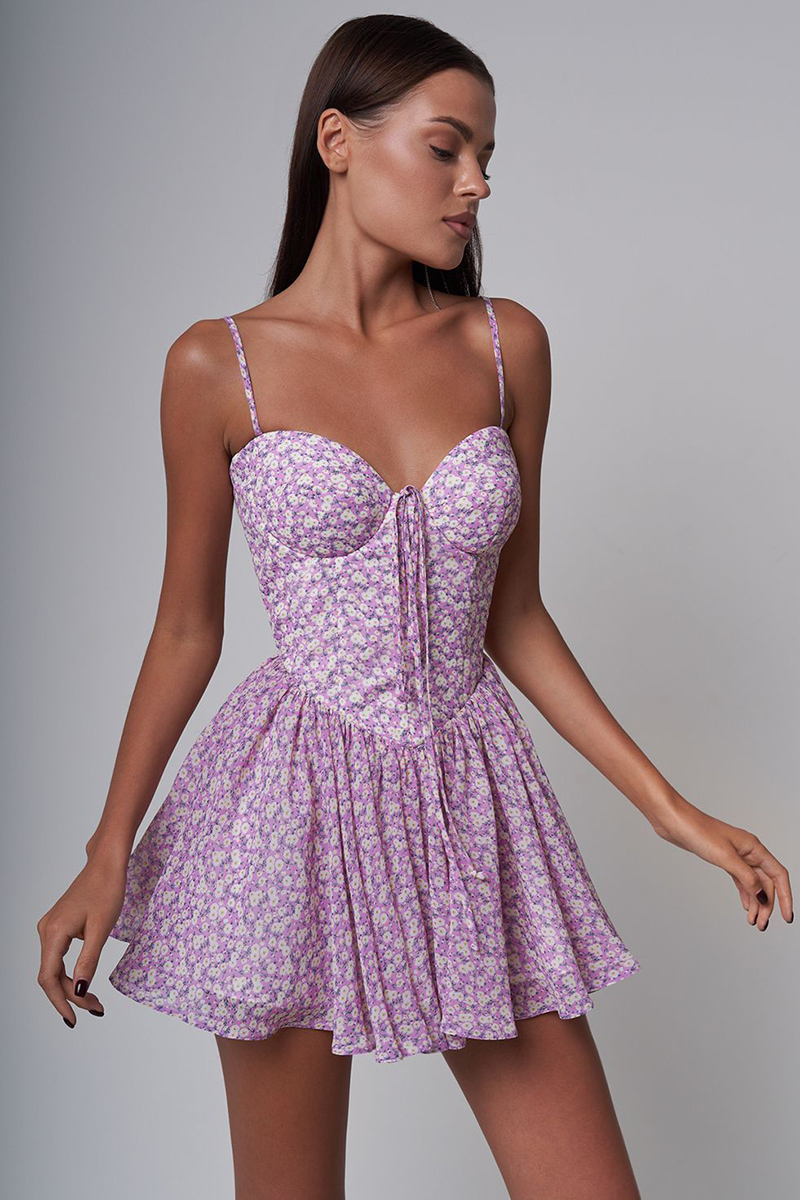 Floral Print Pleated A-Line Vacation Slip Mini Dresses-Hayhty.All Rights Reserved.