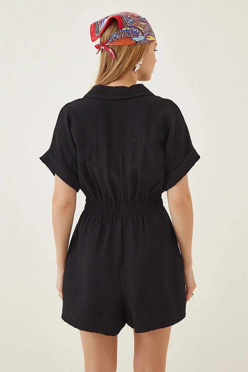 Turndown Collar Short Sleeve Pockets Solid Color Casual Playsuit Romper-Khaki-Hayhty.All Rights Reserved.