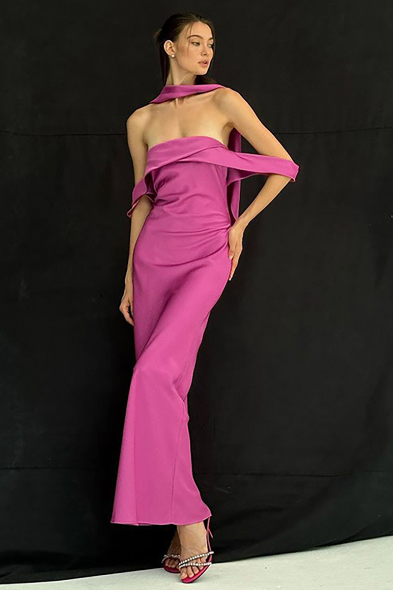 Dropped Shoulder Slim Fit Neck Wrap Plain Maxi Dresses-Champagne-Hayhty.All Rights Reserved.